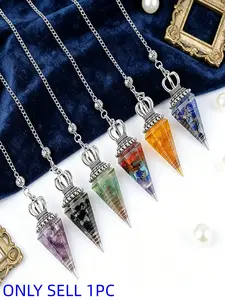 1pc Natural crystal and stone chip crown pendulum ancient silver pendant, Necklace pendant, meditation chakra balance energy resin spiritual healing crystal divination pendulum, Tarot card techniques and witch yoga spirit aura decorative accessories