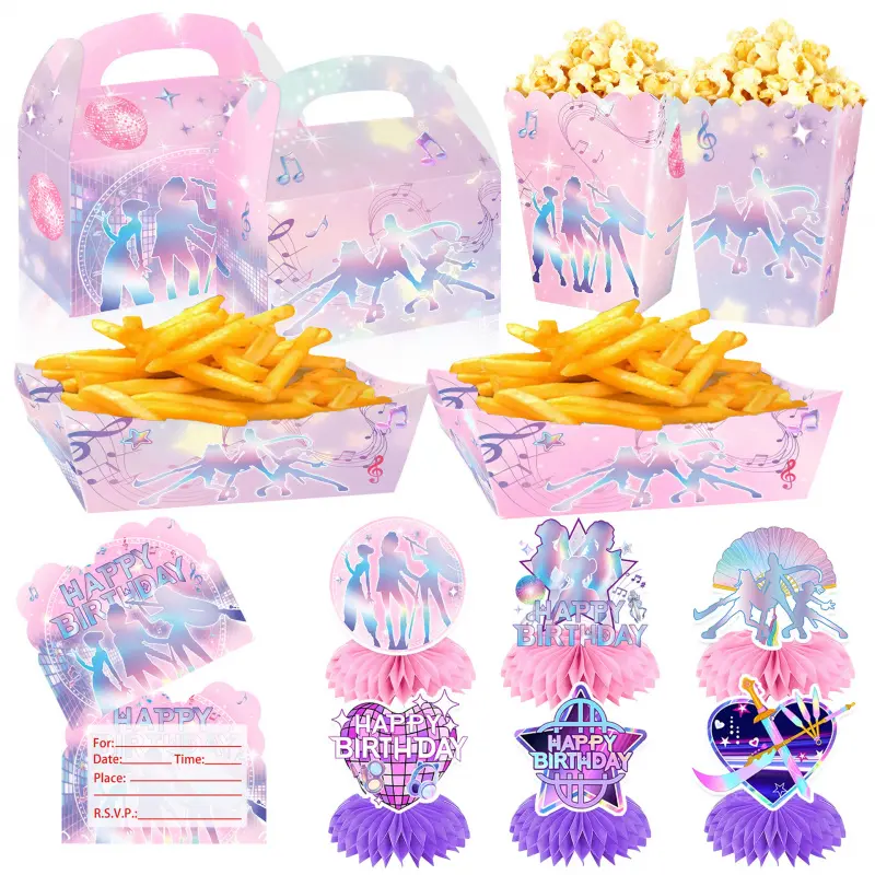 Cross-border disco party supplies - pink birthday party gift boxes, popcorn/chips storage boxes, honeycomb-shaped decorations, and girls' prom invitations