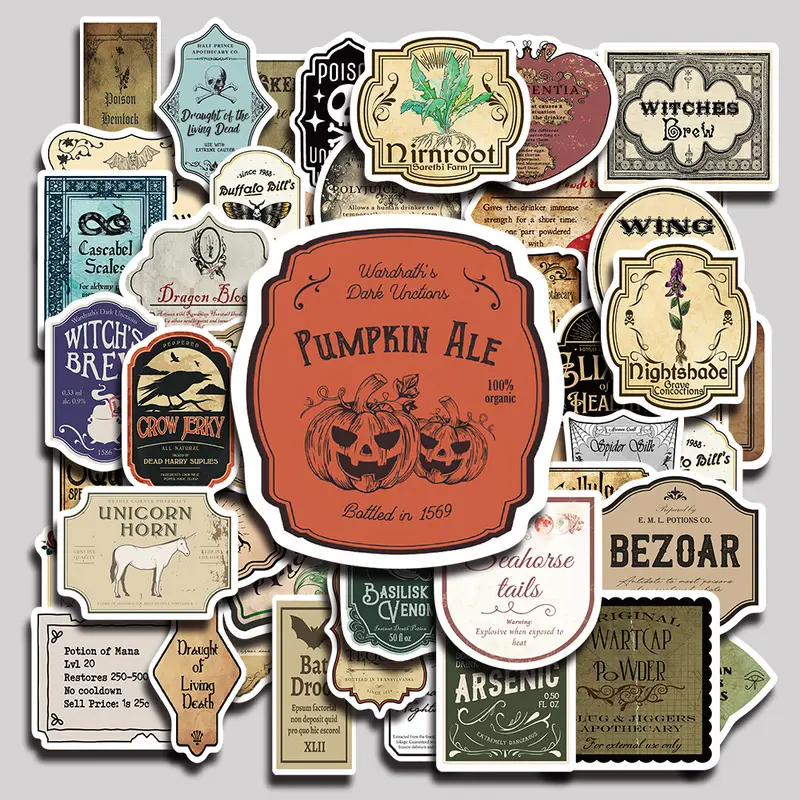 50PCS Potion Label Aesthetic Vinyl Stickers Pack for Laptop Water Bottle Phone Case Skateboard Journal Scrapbook DIY Decoration