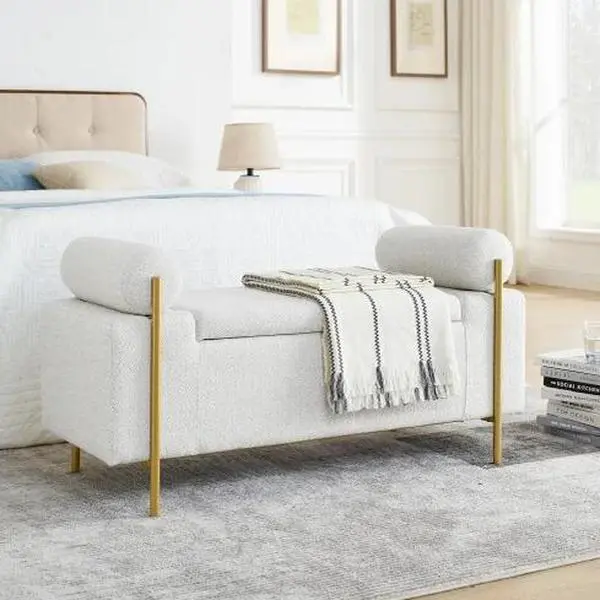 US Version Luxury Convertible Fabric Cover Storage Bench Stool - Modern Design, Cylindrical Arms, Iron Straight Legs, Thickened Foam, Storage Space, Assembly Required (No Fire Safety Label) for Bedroom, Living Room