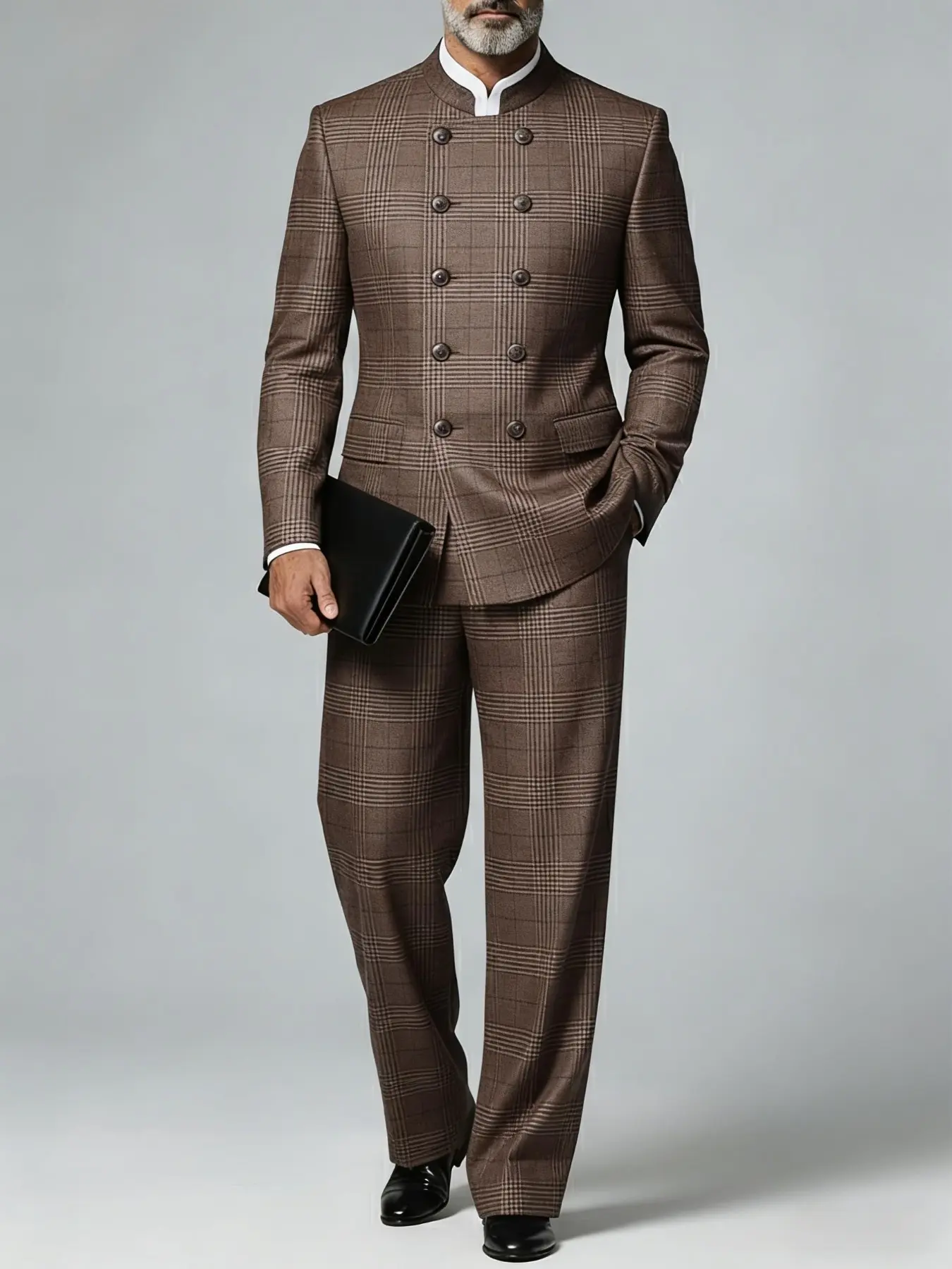 Ainwear Men Stand-Up Collar Plaid 2 Piece Suits, Double Breasted Blazer Jacket & Trousers, Casual Fitted Formal for All Seasons