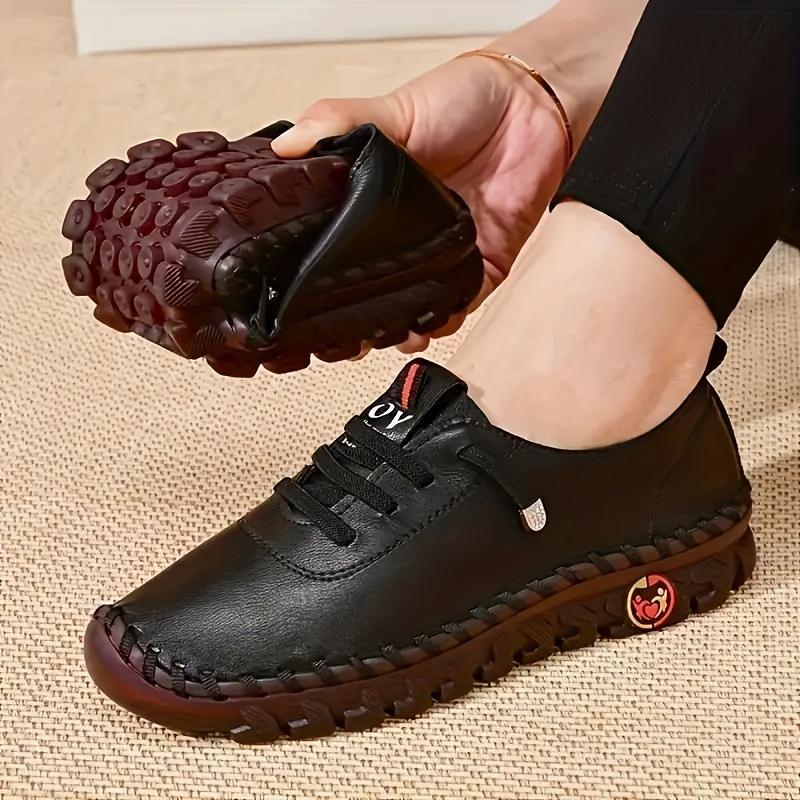 Womens Fashionable Handmade Flat Sneakers - Solid Color, Round Toe Faux Leather - Comfortable Casual Walking Shoes Everyday Style Footwear Training Girl Closed Athletic Trainer Runner Running Rubber Black