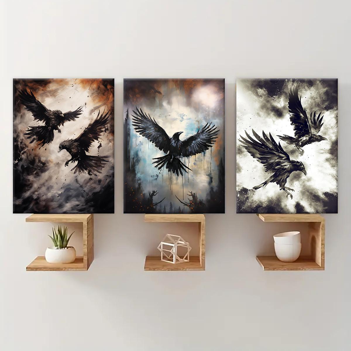 Creepy Crow Pattern Wooden Framed Canvas Painting Modern Art Design, 3 Counts/set Halloween Murals, Wall Art Decor for Home Living Room Bedroom Office