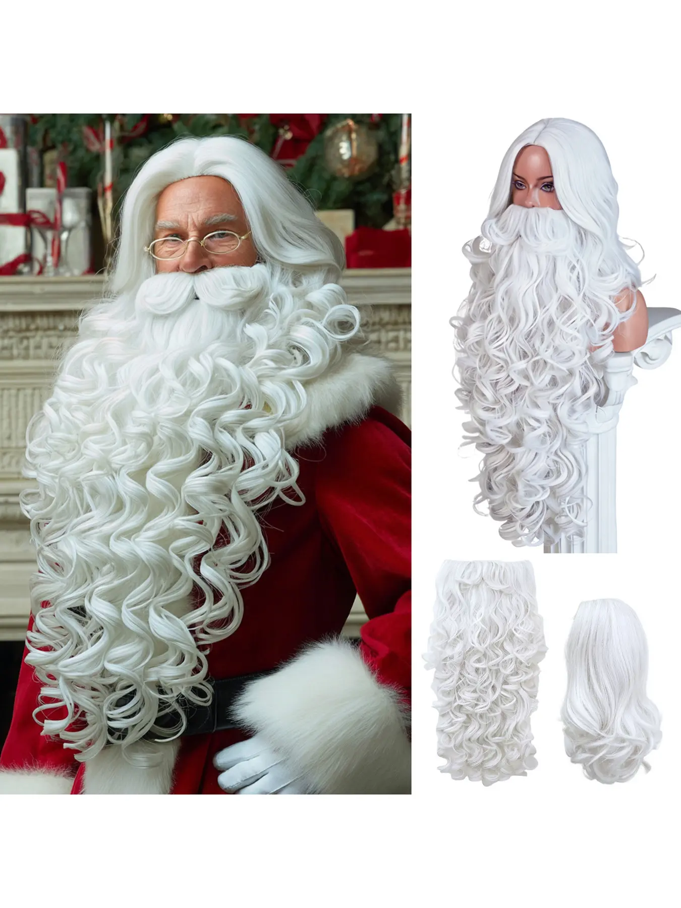 Cosplay Christmas Santa Claus Wig Full Head Wig with Realistic White Beard for Holiday Party Street Performance and Themed Costume Dress Up