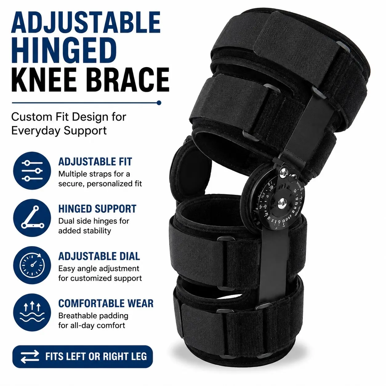 Adjustable hinged knee brace, providing support on both sides, with multiple straps for knee joint stabilization, suitable for everyday activities