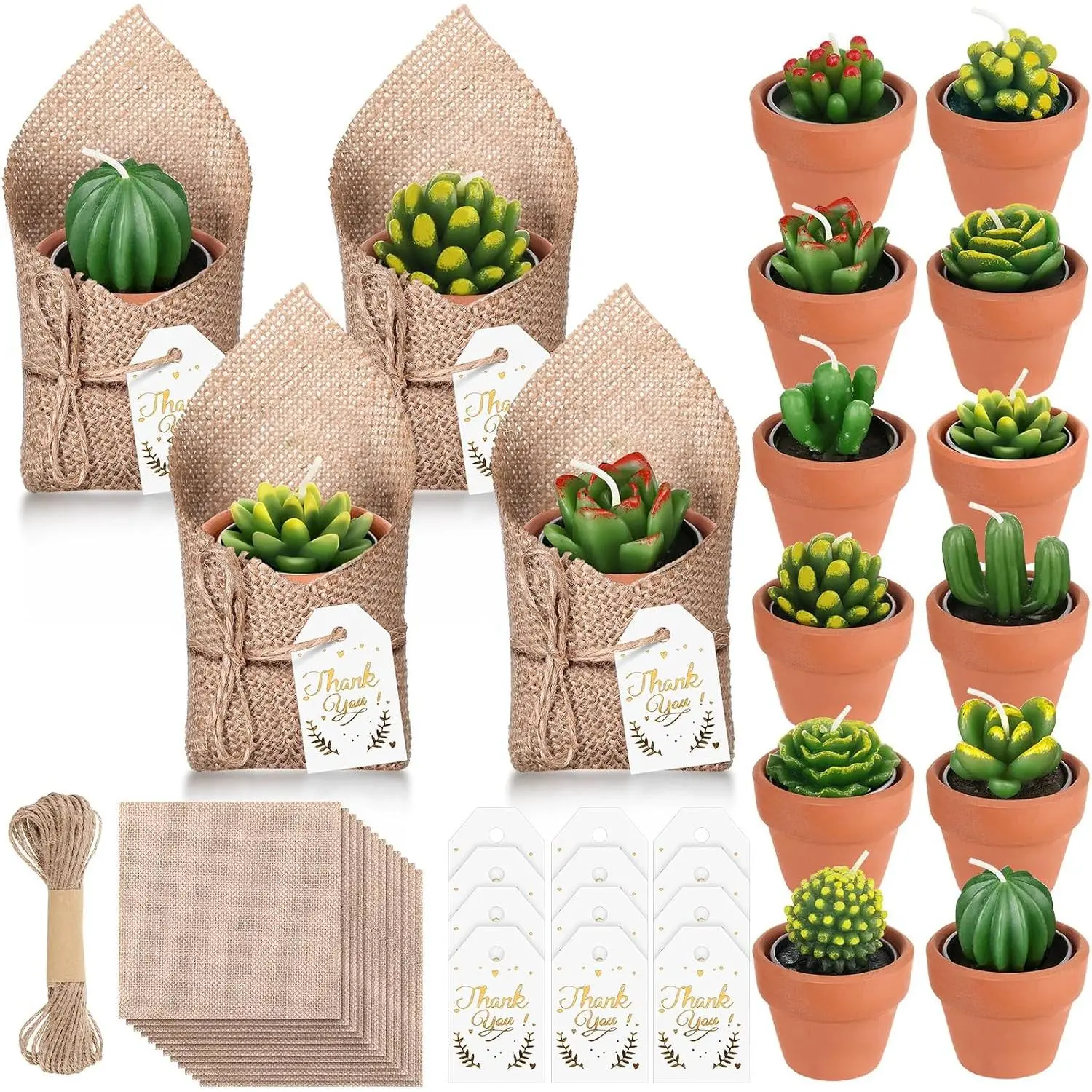 12 Set Succulent Cactus Tealight Candles with Mini Terracotta Pots,  Burlap Bags, Thank You Tag and Ropes,  Shower Favors for Guests,   for Birthday Wedding Party