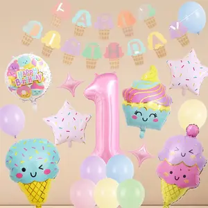 Ice Cream Themed 1st Birthday Balloons Set - 20pcs Decorations with Banner, Number 1 Balloon for Girl Party Supplies (DIY Party Decor)