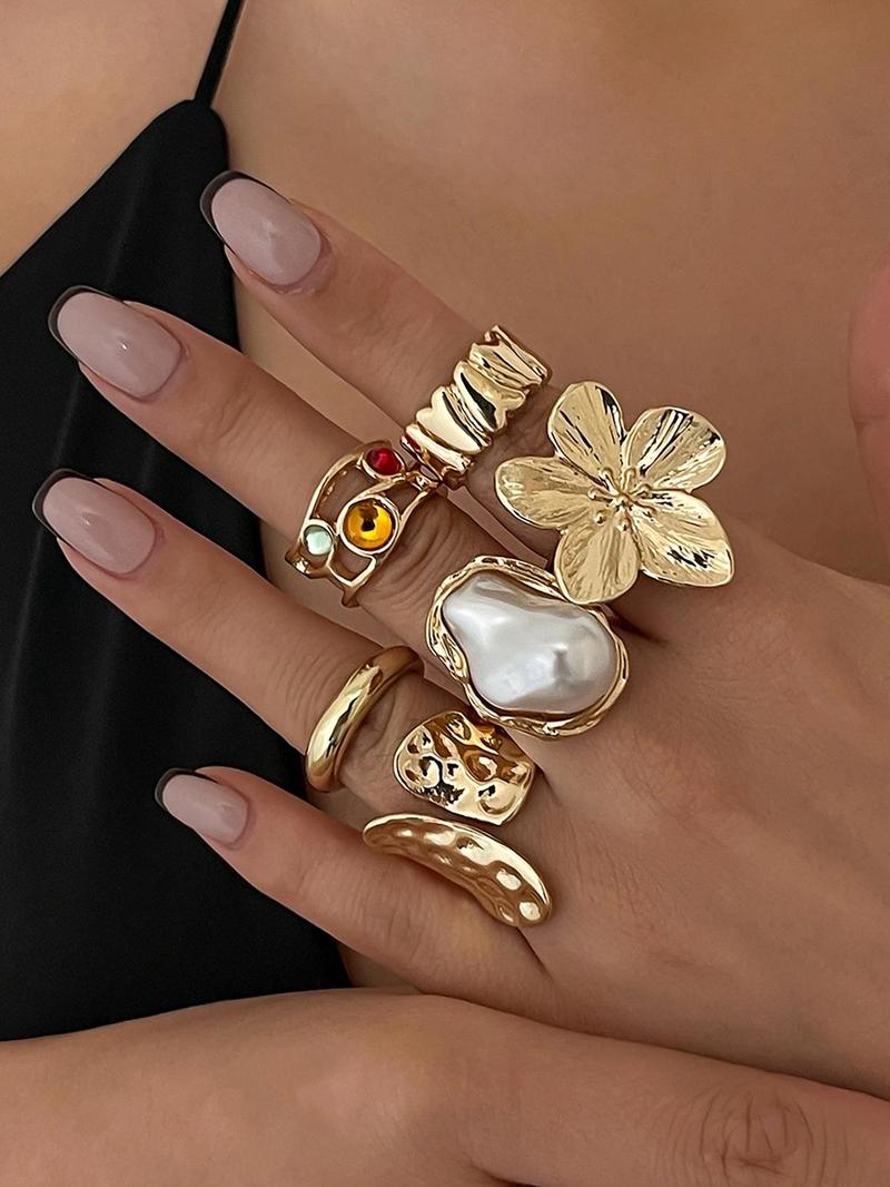 Vintage Flower Design Cuff Ring, Statement Multi Ring, Fashionable Jewelry for Women & Girls, Casual Jewelry for Party, Daily Clothing Decor, Trendy All-match & Exquisite Jewelry for Birthday Gift