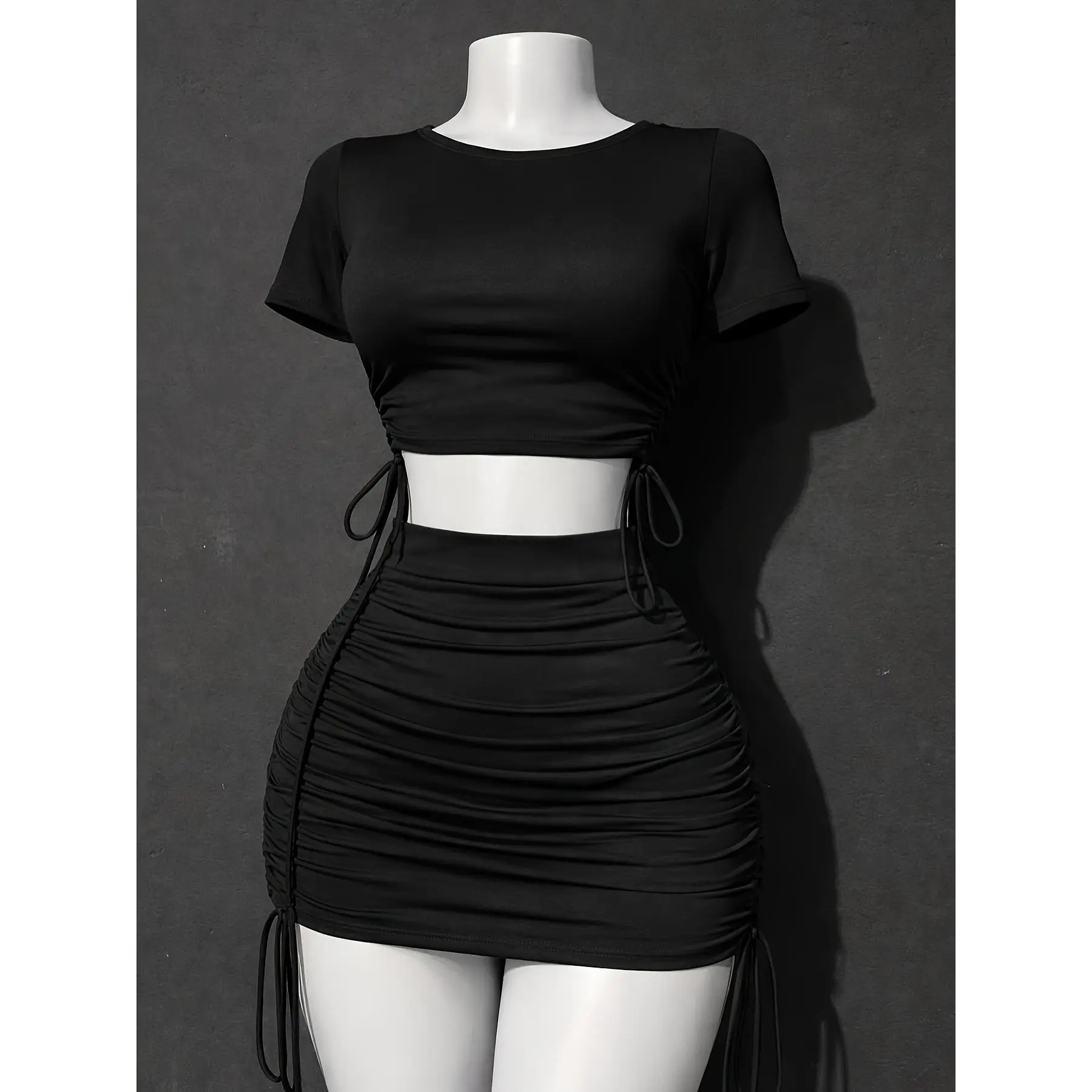 Solid Color Simple and Comfortable Skirt Set, Mini Skirt, Cropped Top T-shirt, Pleated Drawstring Design, Women's Skirt Set