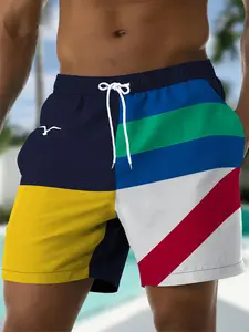 Summer Men's Colorblock Striped Beach Shorts, Multi-Color Patchwork Casual Sporty Short Pants, Loose-Fitting Random Print Design