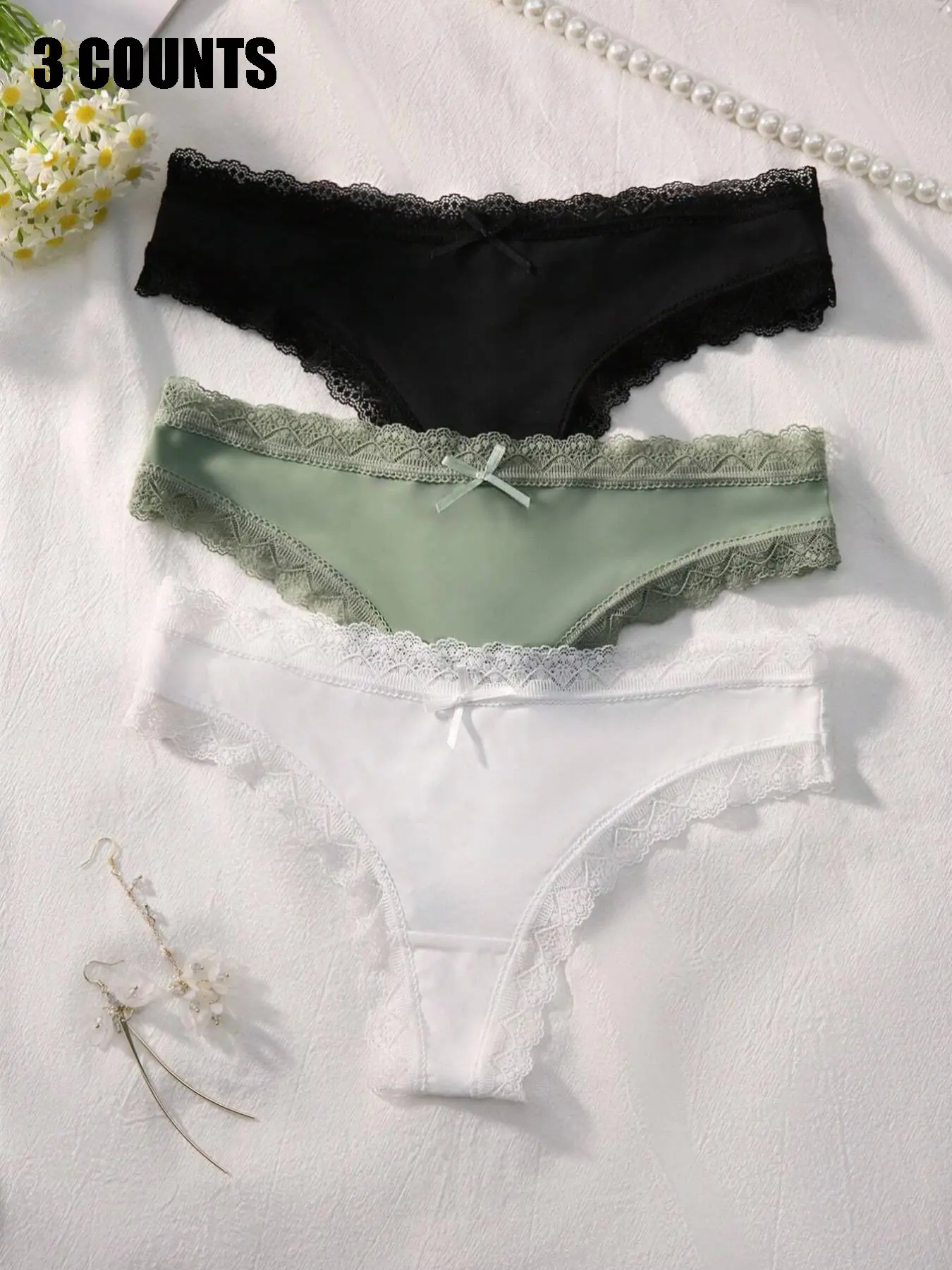 Women's Bow Decor Contrast Lace Thong, Casual Soft Comfy Breathable Knicker for Daily Wear, Underwear for All Seasons, Lace Trim Panty, Casual Comfy Panties