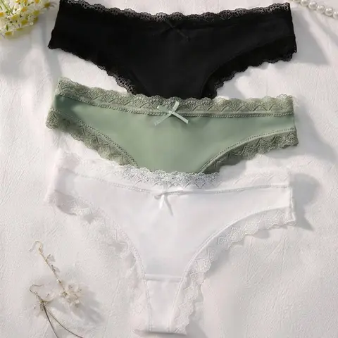 Women's Bow Decor Contrast Lace Thong, Casual Soft Comfy Breathable Knicker for Daily Wear, Underwear for All Seasons, Lace Trim Panty, Casual Comfy Panties
