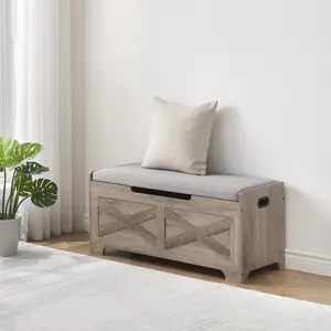 Lift-Top Wooden Shoe Storage Bench, Retro Wooden Storage Chest with 2 Safety Hinges, Loads 300 lb, Easy Assembly, Storage Ottoman Bench for Bedroom Entryway Living Room ﻿