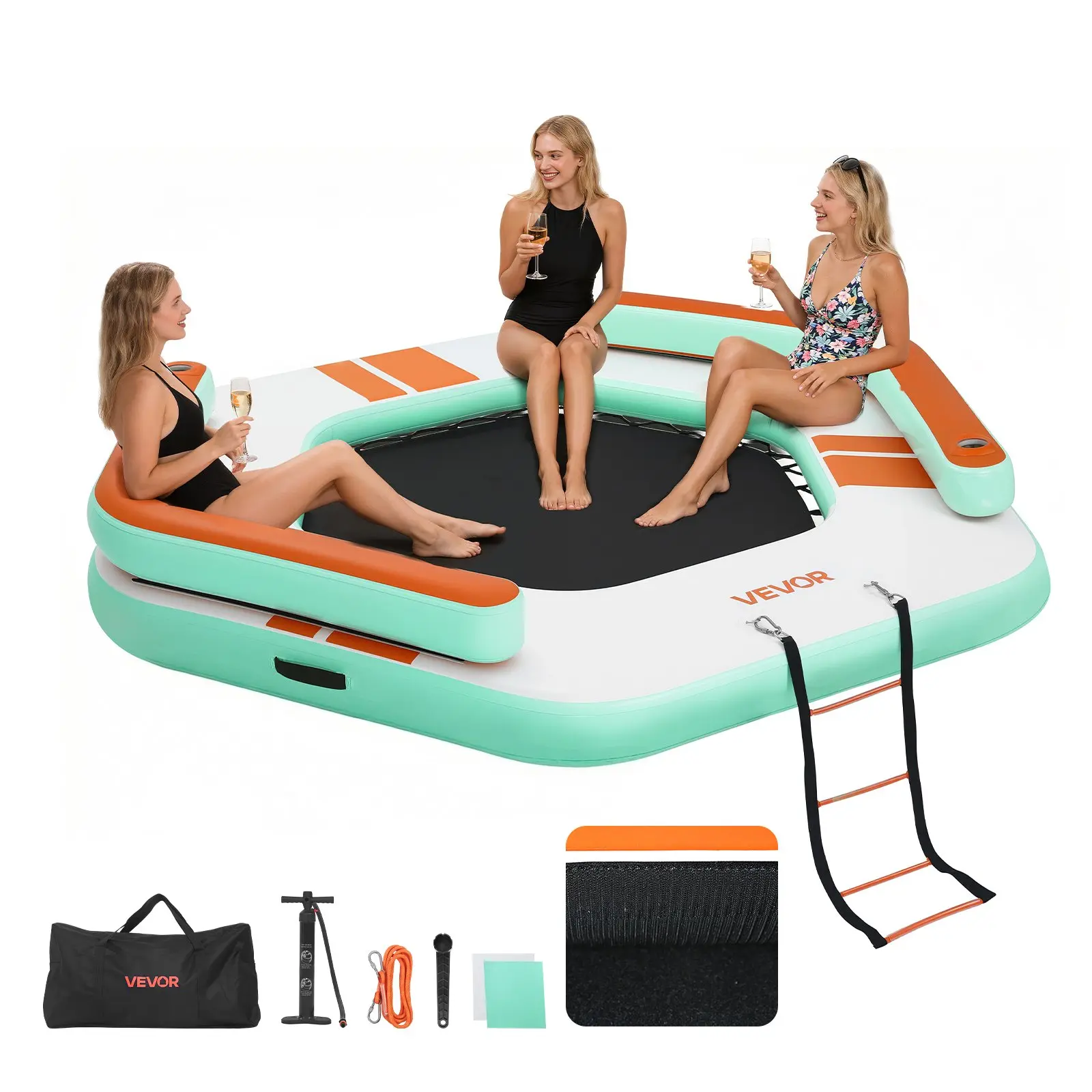 【toolupgrade】VEVOR 8.5x8.5 ft Polyvinyl Chloride Inflatable Floating Water Platform, Non-Slip Air Mat with Portable Bag, Detachable Ladder, Single Backrest, 49 lbs Outdoor Model for Simple Inflation, Pool Recreation