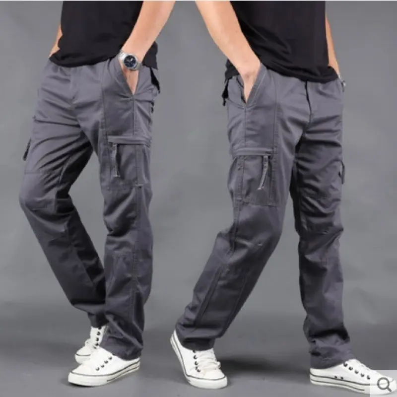 Men's 100% Cotton Plain Cargo Trousers - Multi-Pocket Straight-Leg Long Pants with Side Zipper Pockets, Casual Work Bottoms for Outdoor Hiking, Daily Street Wear, Menswear