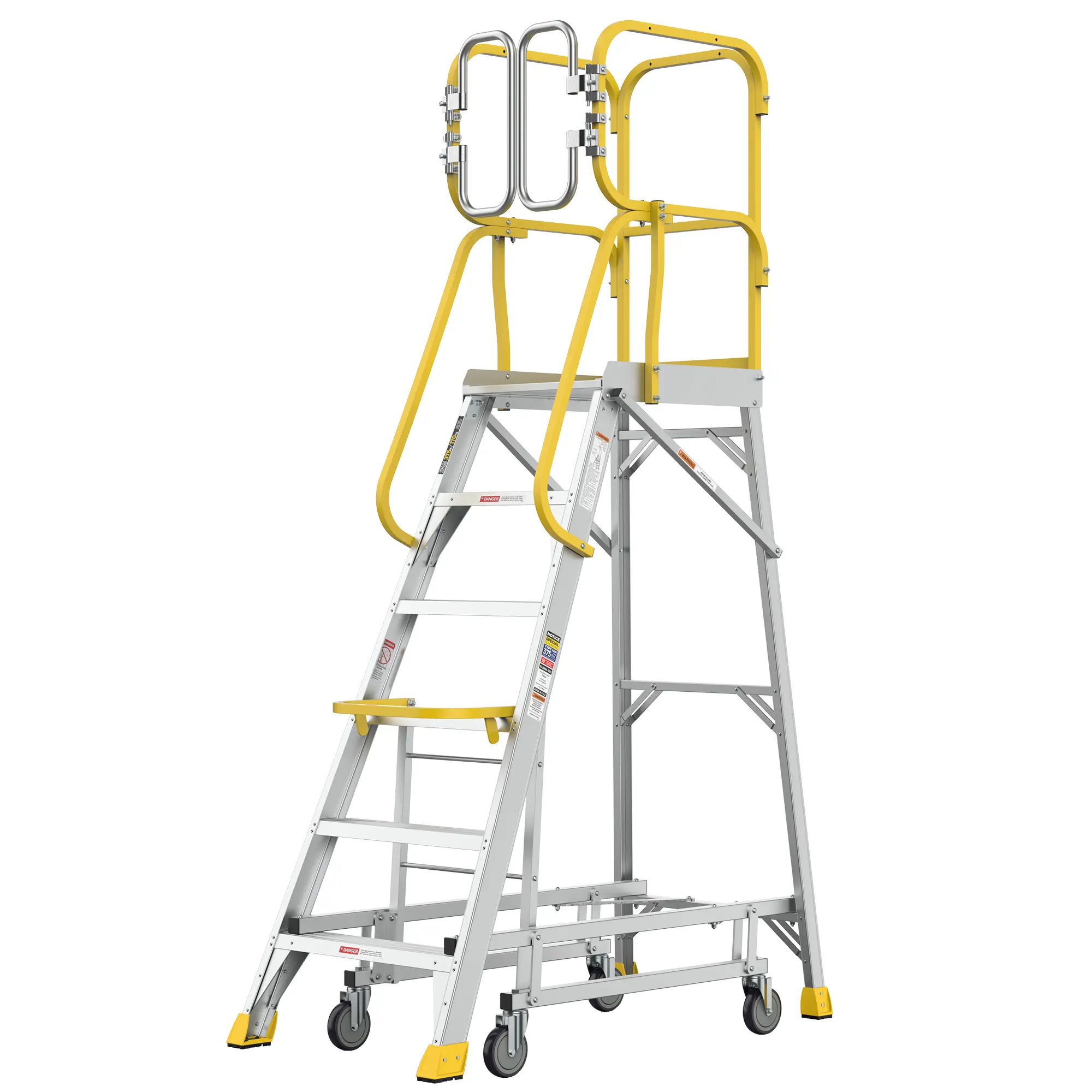 Nokaa 6-Step 375 lbs Capacity Aluminum Rolling Platform Ladder with 20"x24" Standing Platform, 360° Guardrail, Anti-Slip Steps, Transport Wheels, Grey Industrial Step Ladder for Warehouse Garage, Aluminium Alloy