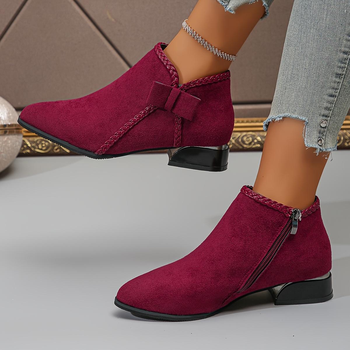 New Autumn/Winter Women's Mid-Heel Ankle Boots, Pointed Toe Single Boot with Bow, Fashionable and Versatile, Chunky Heel, Side Zipper, Women Shoes