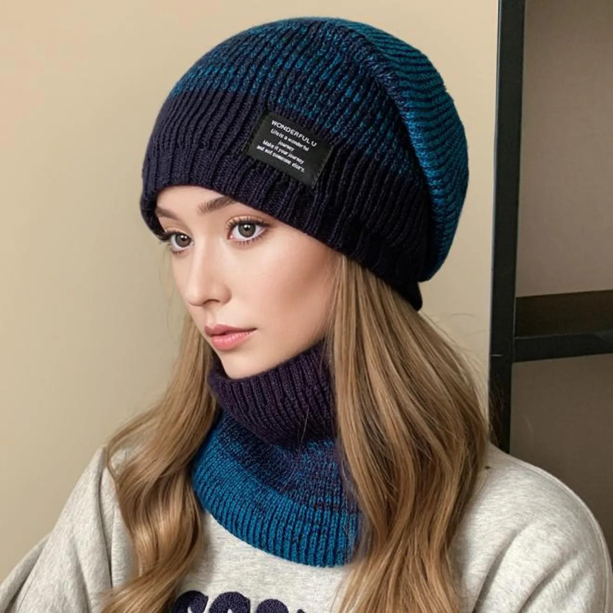 Hot Sale Plush Fur Lined Warm Winter Hats Stylish Gradient Color Beanie Hats For Women Fashion Outdoor Slouchy Ski Warm Set