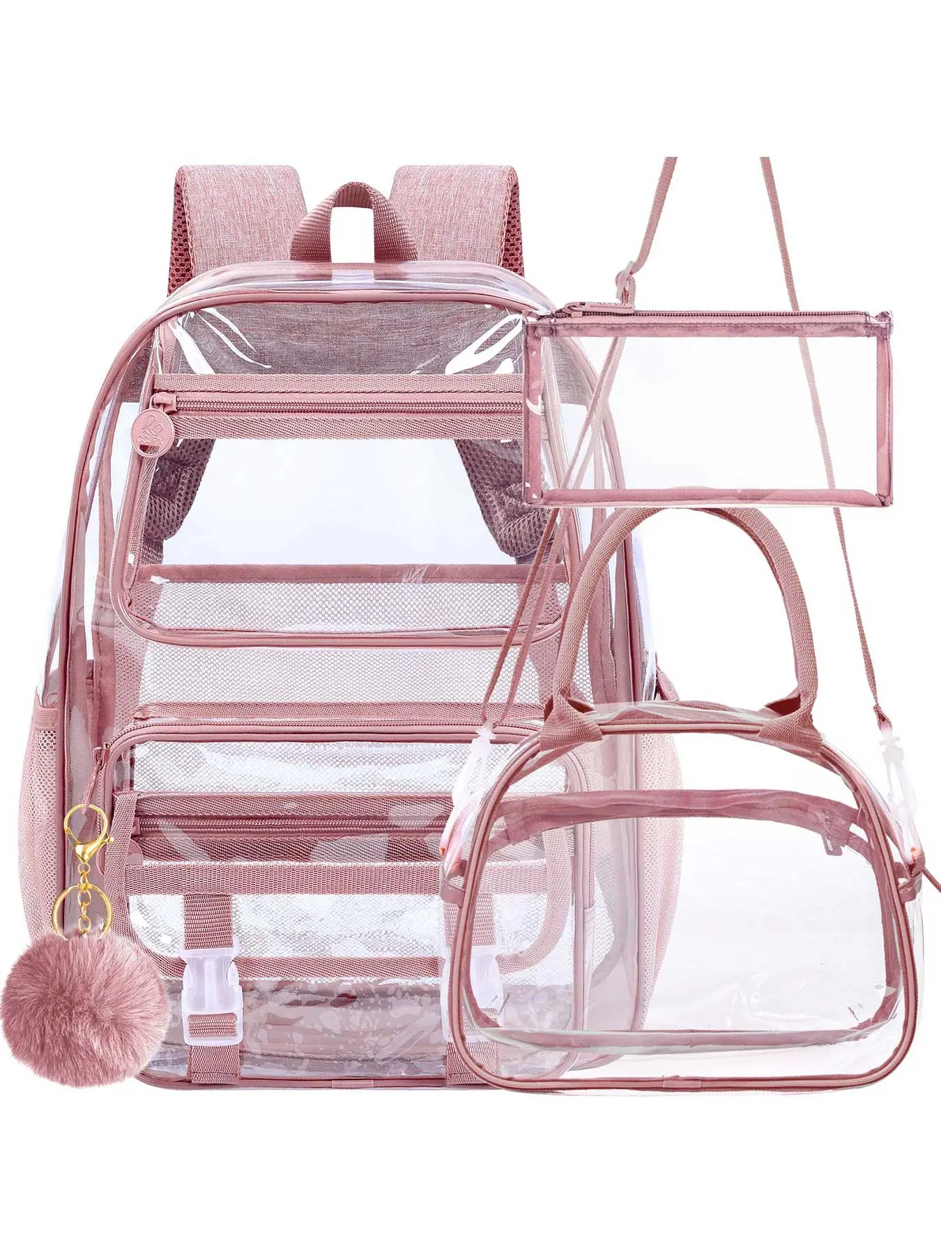3PCS Clear Backpack Heavy Duty, See Through School Bag for Women, Deep Pink Transparent Bookbag