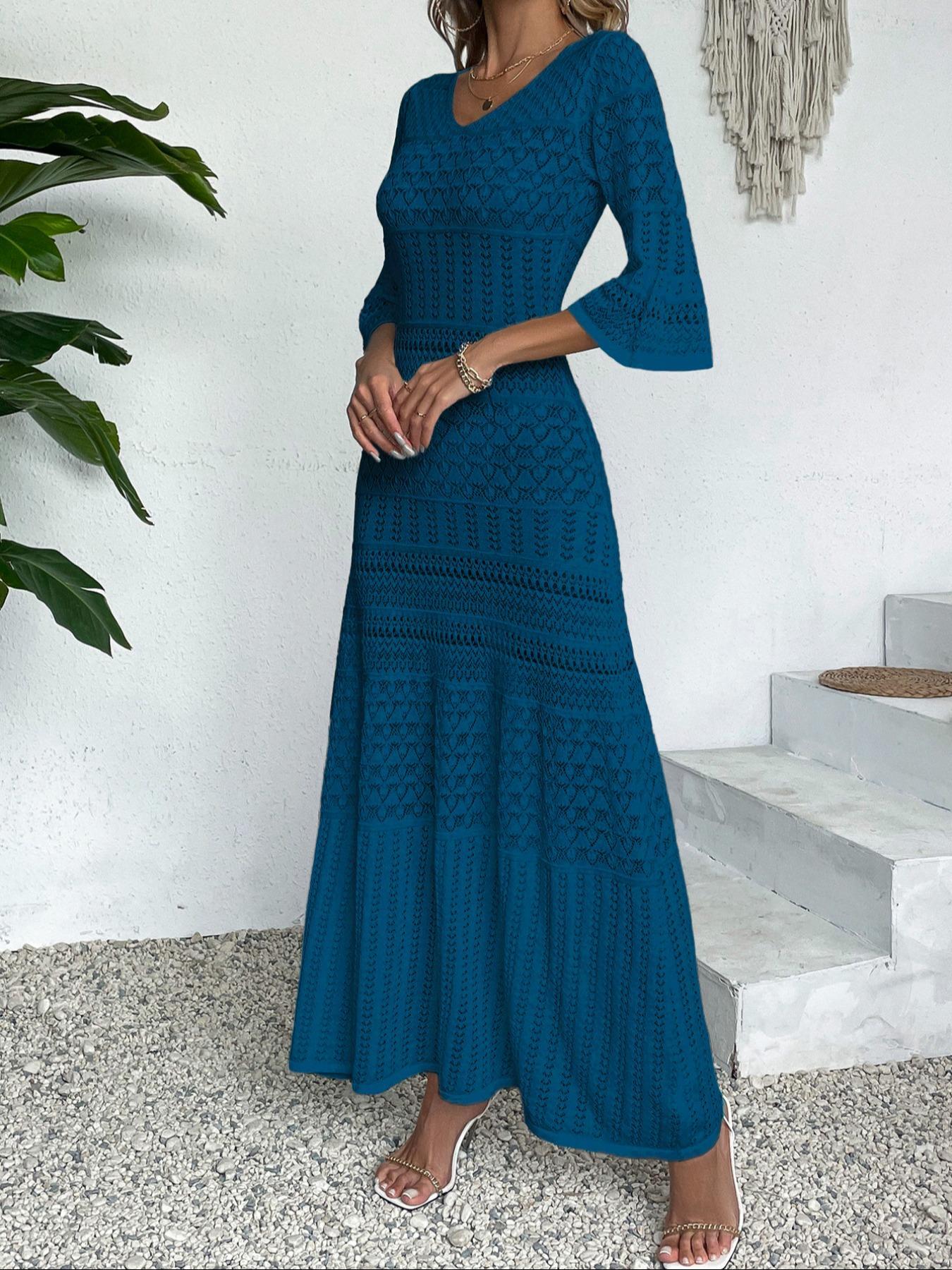 Elegant V-Neck Knit Dress, Hollow Out Design, Casual Fitted Long Skirt, Spring & Summer Beach Vacation Wear, Random Pattern, Lady Womenswear