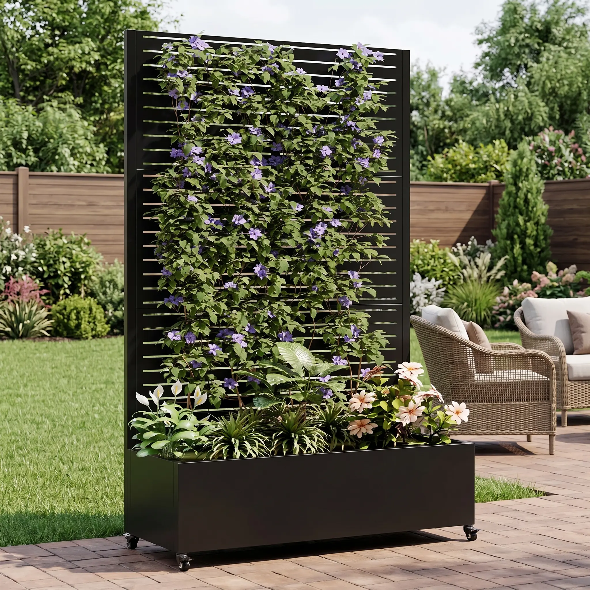 Nokaa Rectangular Metal Planter Box with Trellis Privacy Screen Kit, 73x47x16in Raised Garden Bed with Drain Holes, Lock Wheels, Mobile Outdoor Planter for Climbing Plants, Sofa Side Table, Outdoor Decor