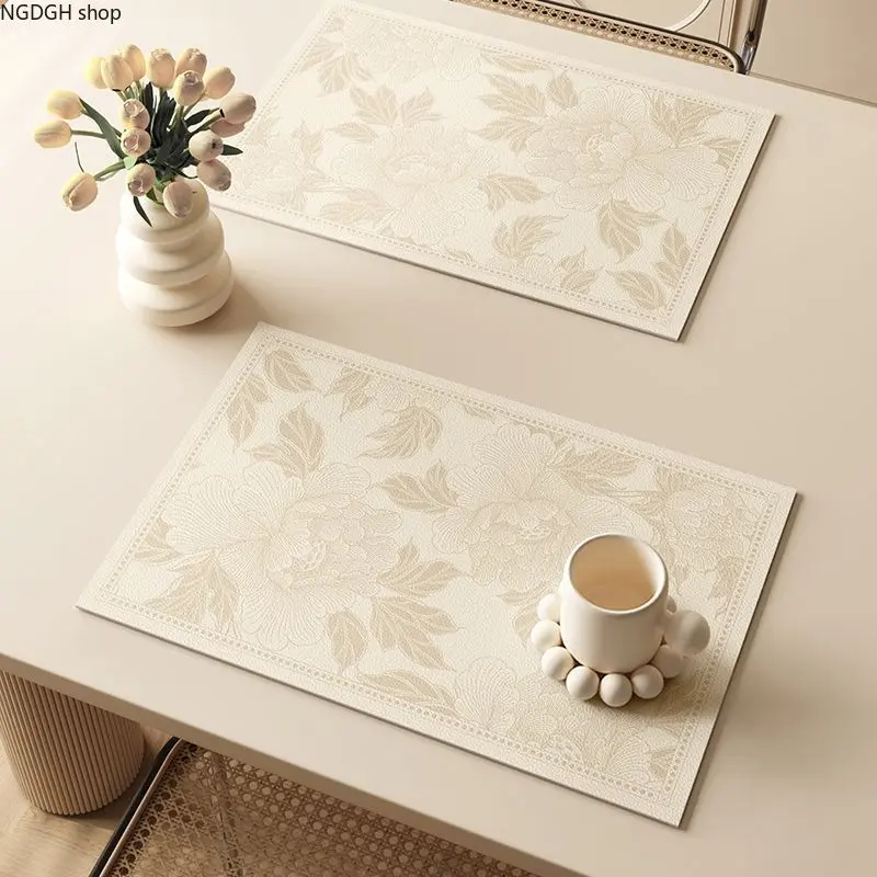 Embossed Floral Motif Rectangular Kitchen Placemat Set Pack, Waterproof Dining Table Mats for Daily Decor, Embossed Mat