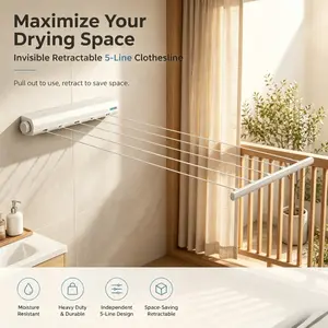 Heavy Duty Retractable Wall Clothes Drying Rack with 5 Independent Rods, Moisture Resistant Rustproof Design, Ideal for Small Condo, Rental House and Laundry Room Garment Drying