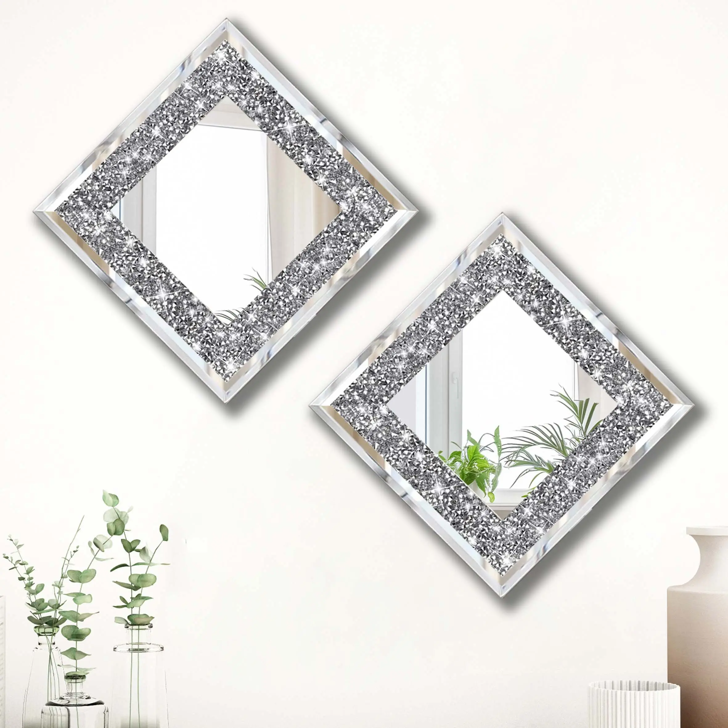 2pcs Modern European Luxury Rhombus Wall Mirror, Decorative Hanging Mirror for Living Room, Entryway, Dining Room, Home Decoration, Decorative Mirrors