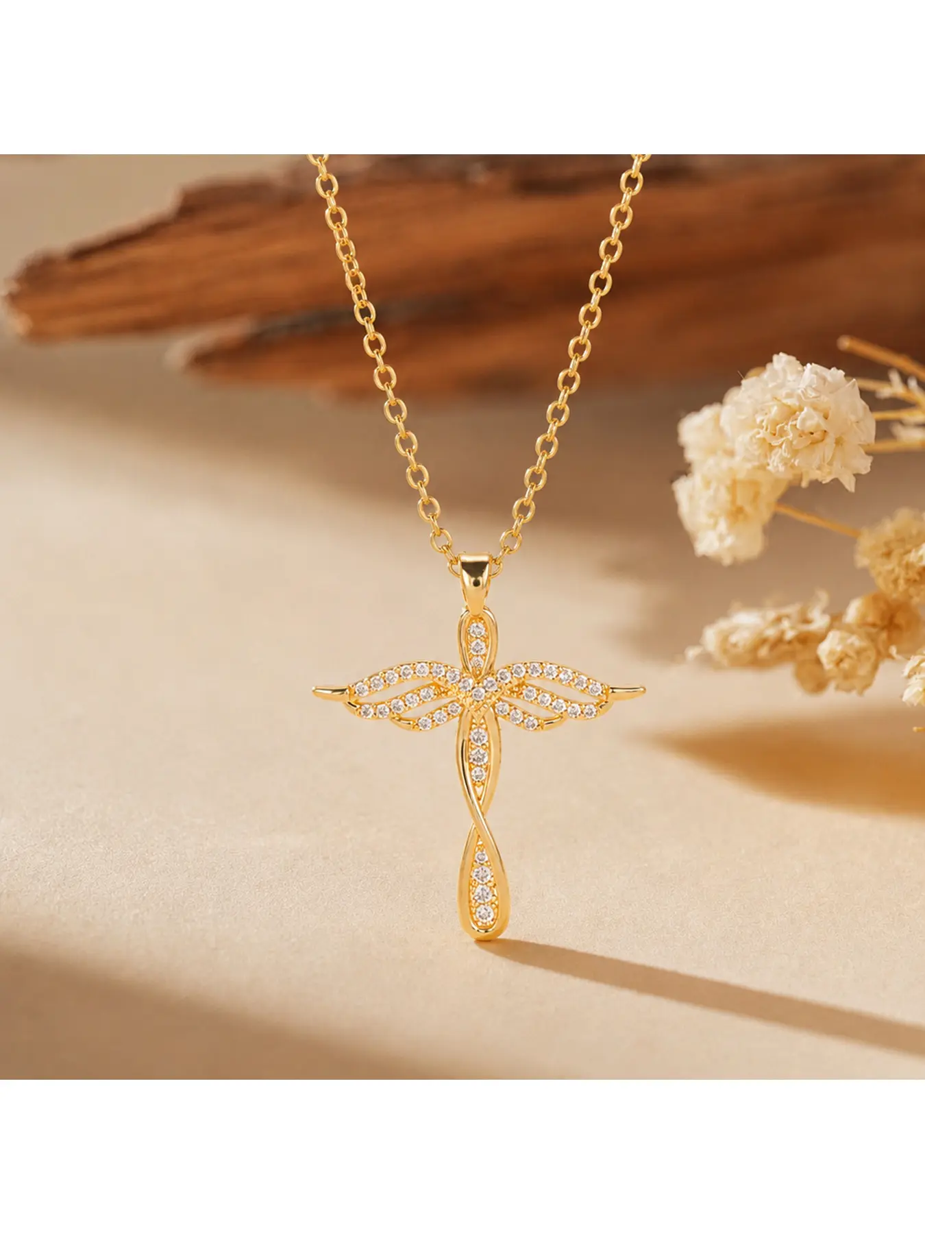Gold Tone Angel Wing Cross Pendant Necklace with Twisted Design for Women, Pave Cubic Zirconia Dainty Cable Chain Necklace, Vintage Elegant Luxury Religious Jewelry for Daily Office Date Church Party Birthday Anniversary Valentine's Day Gift