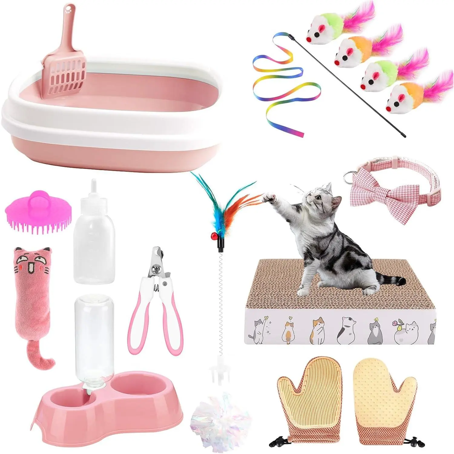 Kitten Starter Kit - 16 count  Essentials Set Includes Litter Box | Toys, Collars, Scratch Pad,  File, Automatic Feed Bowls,  Gloves (, 16 count)