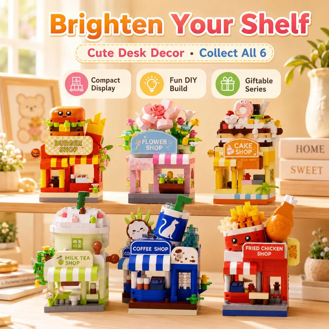 6 Styles Mini Food Store Building Block Set, Buildable Blocks Kit, Shop Series Style, Burger Tea Coffee Fried Chicken Shops, Smooth Fit Pieces, Relaxing DIY Build, Collectible Decor, For Kids Teens Adults, Room Shelf Desk Cute Gift Idea