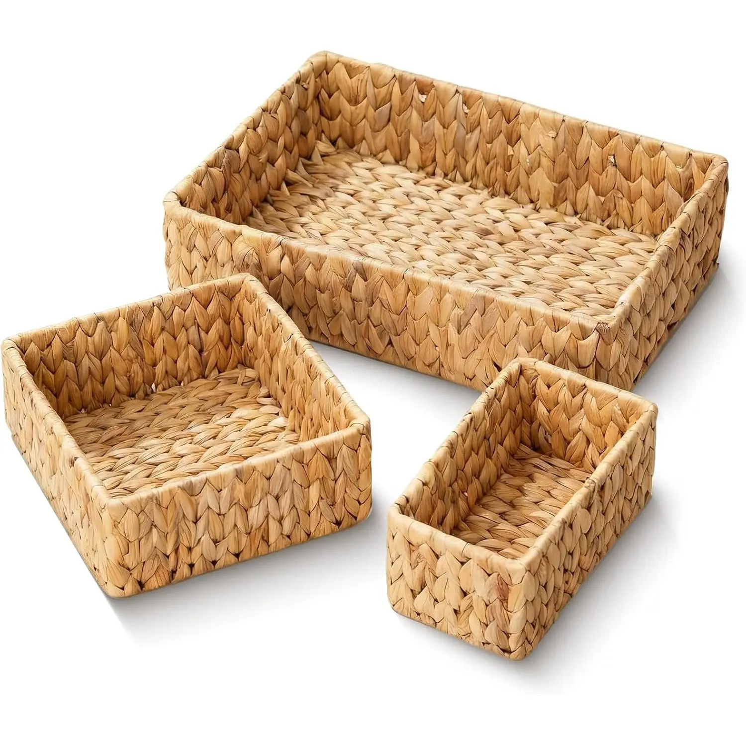 Three-Piece Storage Basket Set, Handwoven Natural Rattan Baskets, Decorative Storage Buckets, Ideal for Kitchen Shelving