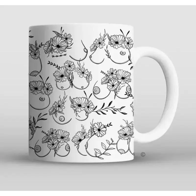 Classic Floral Print Ceramic Mug - Body Positive Breast Line Art Shaped Drinkware with Handle, 11oz-15oz Prop 65 Safe Feminine Gift for Women