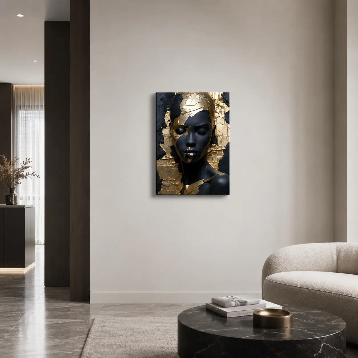1-Piece Frameless Modern Kintsugi Golden Portrait Canvas Painting - 31.49in*47.24in/80cm*120cm Flat 2D Art, Living Room Decor, Modern Luxury Scratch-Resistant Wall Art for Bedroom, Gift Choice, One-Piece