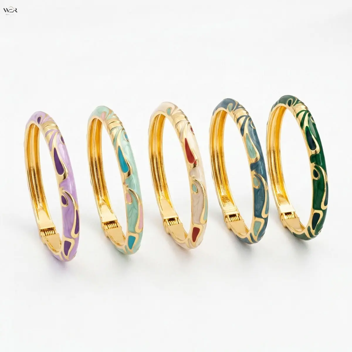 Artistic Abstract Swirl Enamel Hinged Bangle Bracelet for Women, Gold Plated Glossy Color Block Fluid Pattern Cuff, 5.8cm Inner Diameter, 5 Macaron Pastel Colors Vintage Lightweight Fashion Jewelry Gift for Daily Wear Vacation Matching
