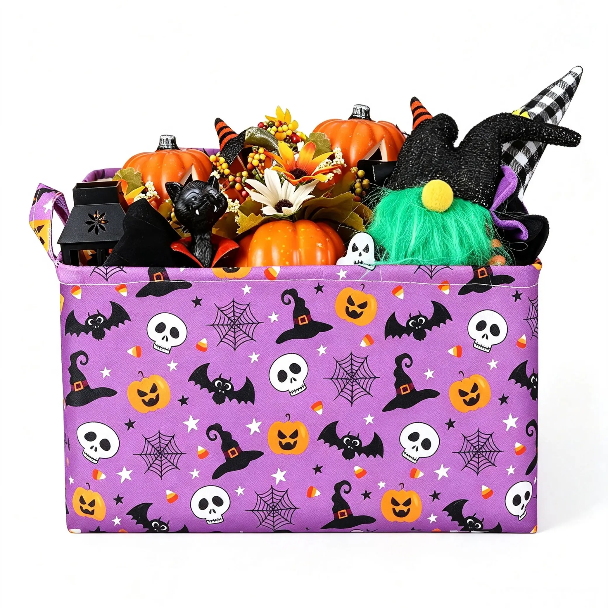 1 Pack Halloween Foldable Storage Basket, Cartoon Pumpkin Skull Print With Handles, Fabric Organizer Bin For Toys Clothes Home Decor