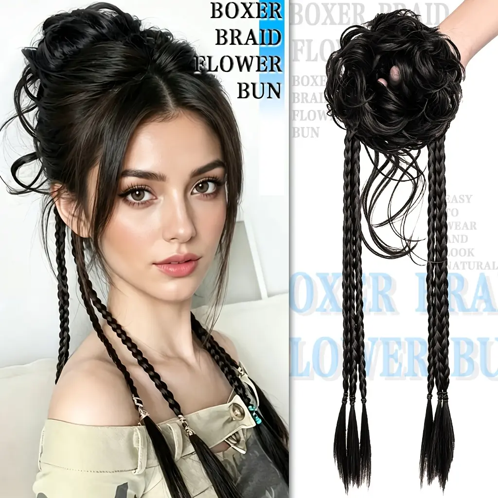Women's flower bud bun head boxing braid wig, with six braids and a high-elasticity rubber band design, easy to wear. Made of high-temperature synthetic fiber material, the hair strands look more natural, and the highlights make it more eye-catching. Suit