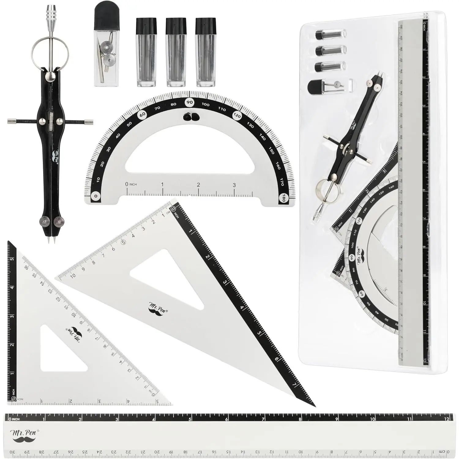 - Metal Geometry Set, 9 count, Compass, 6" Protractor, 12" Ruler | 45° & 30°/60° Set Squares, Lead Refills, Metal Drafting Tools for Technical Drawing, Math, Engineering & Architecture