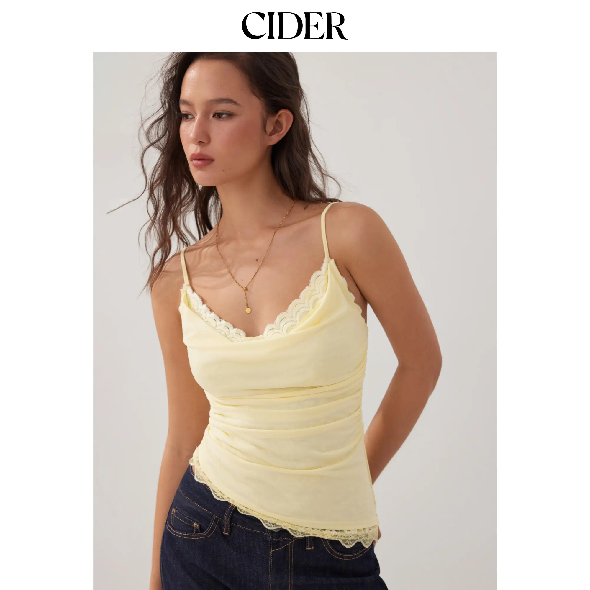 Cider Sweetheart Neck Lace Panel Ruched Asymmetrical Hem Cami Top