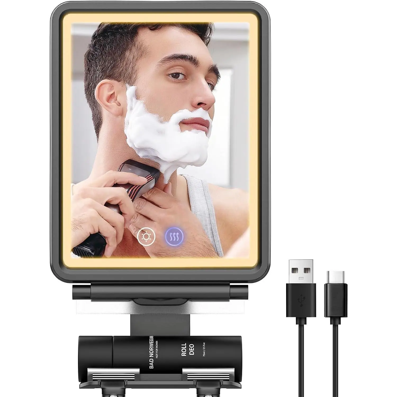 Shower Mirror Fogless for Shaving, Heated LED Mirror with 3 Color Lights, Adjustable Anti Fog Razor Holder and Storage Tray, 5000mAh Rechargeable Light Up Mirror Bathroom for Men