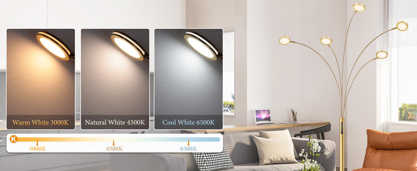 LED Arc Floor Lamp with Remote, 2250LM Dimmable Gold Floor Lamp with Timer, Adjustable Colors, Brightness & 5 Adjustable Arms, Multi-Head Tall Tree Standing Lamp for Living Room Bedroom Corner Office Modern Mood Lighting