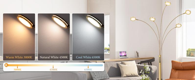 LED Arc Floor Lamp with Remote, 2250LM Dimmable Gold Floor Lamp with Timer, Adjustable Colors, Brightness & 5 Adjustable Arms, Multi-Head Tall Tree Standing Lamp for Living Room Bedroom Corner Office Modern Mood Lighting