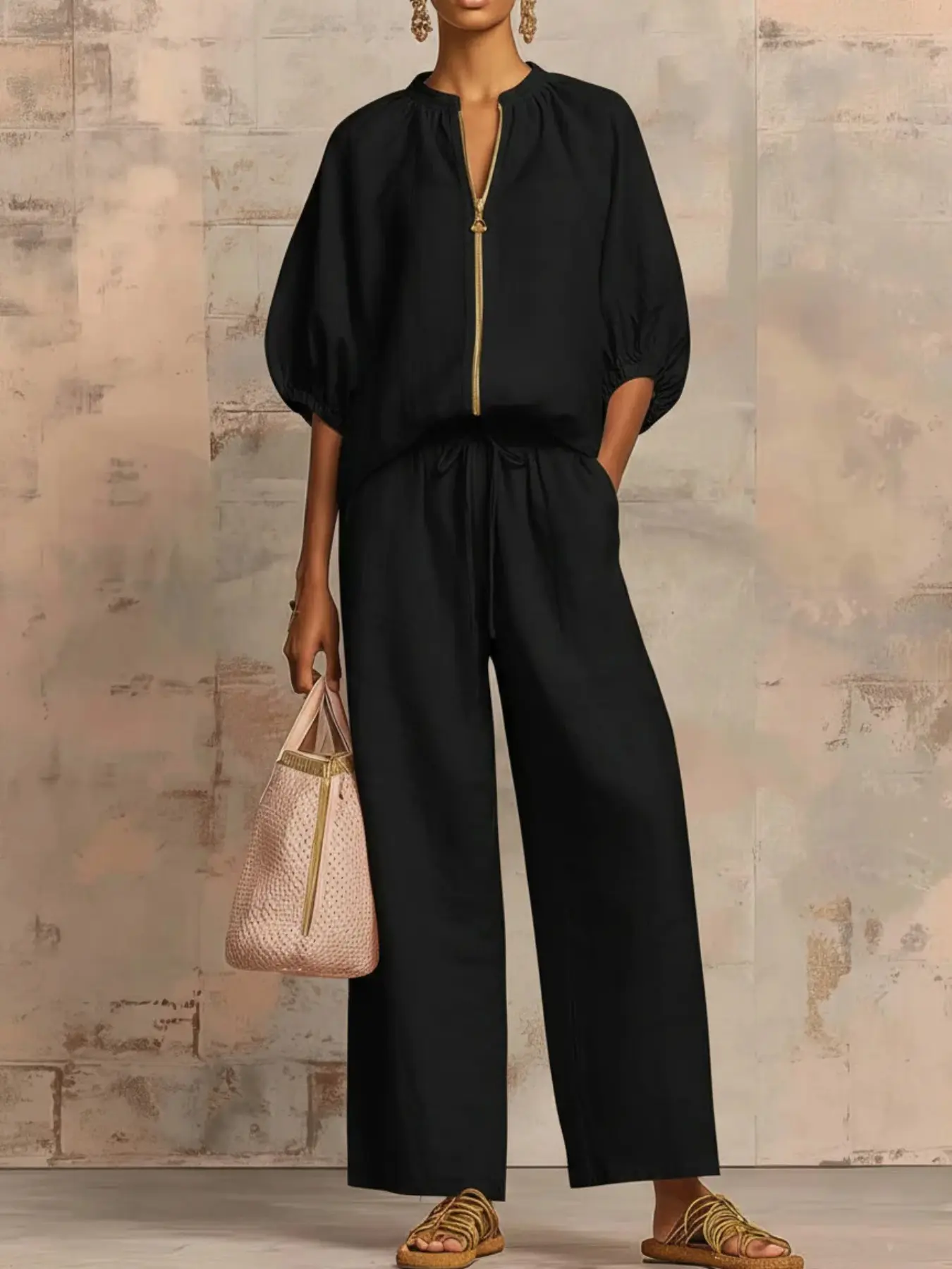 Women's 2 Piece Linen Lounge Resort Set, Casual Loose Fit Baggy Zip Front Blouse & Wide Leg Pants, Soft Breathable Cotton Linen, Clothes