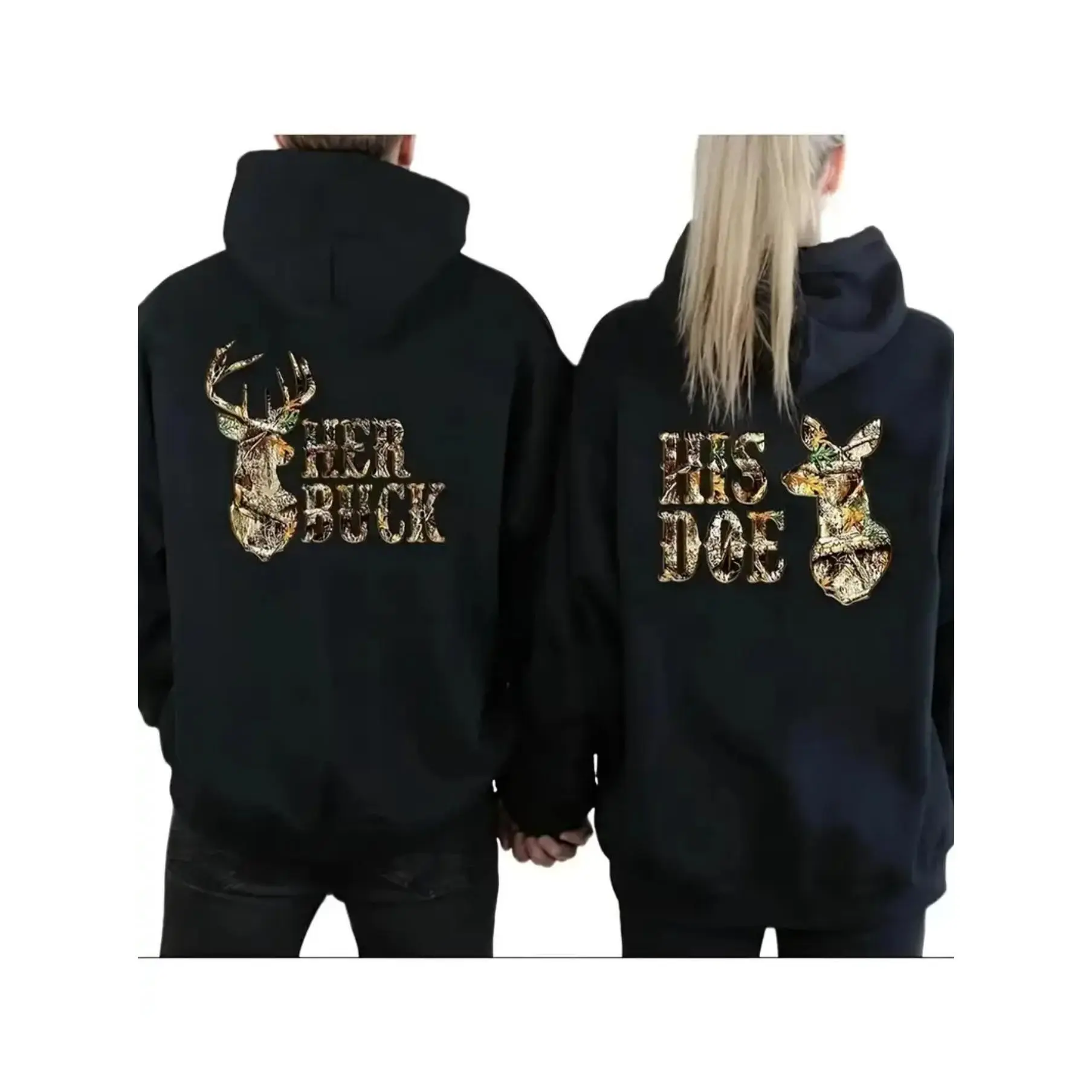 1PC His and Hers Matching Black Hoodies - Camouflage Buck and Doe Design with "HER BUCK" and "HIS DOE" Text in Gold - Perfect for Couples, Valentine's Day, Anniversary Gift, or Outdoor Adventures