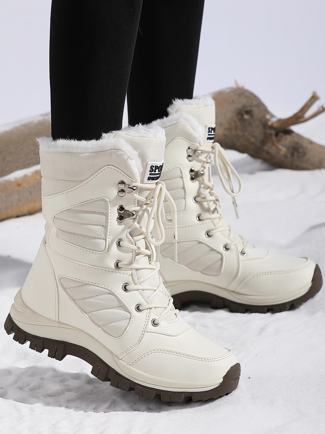 Women's Solid Color Plush Lined Thick-Soled Lace Up Snow Boots Winter Booties, Thermal Warm Casual Sporty Comfortable Outdoor Sports Boots for Fall & Winter, Female All-match Round Toe Shoes for Daily Wear