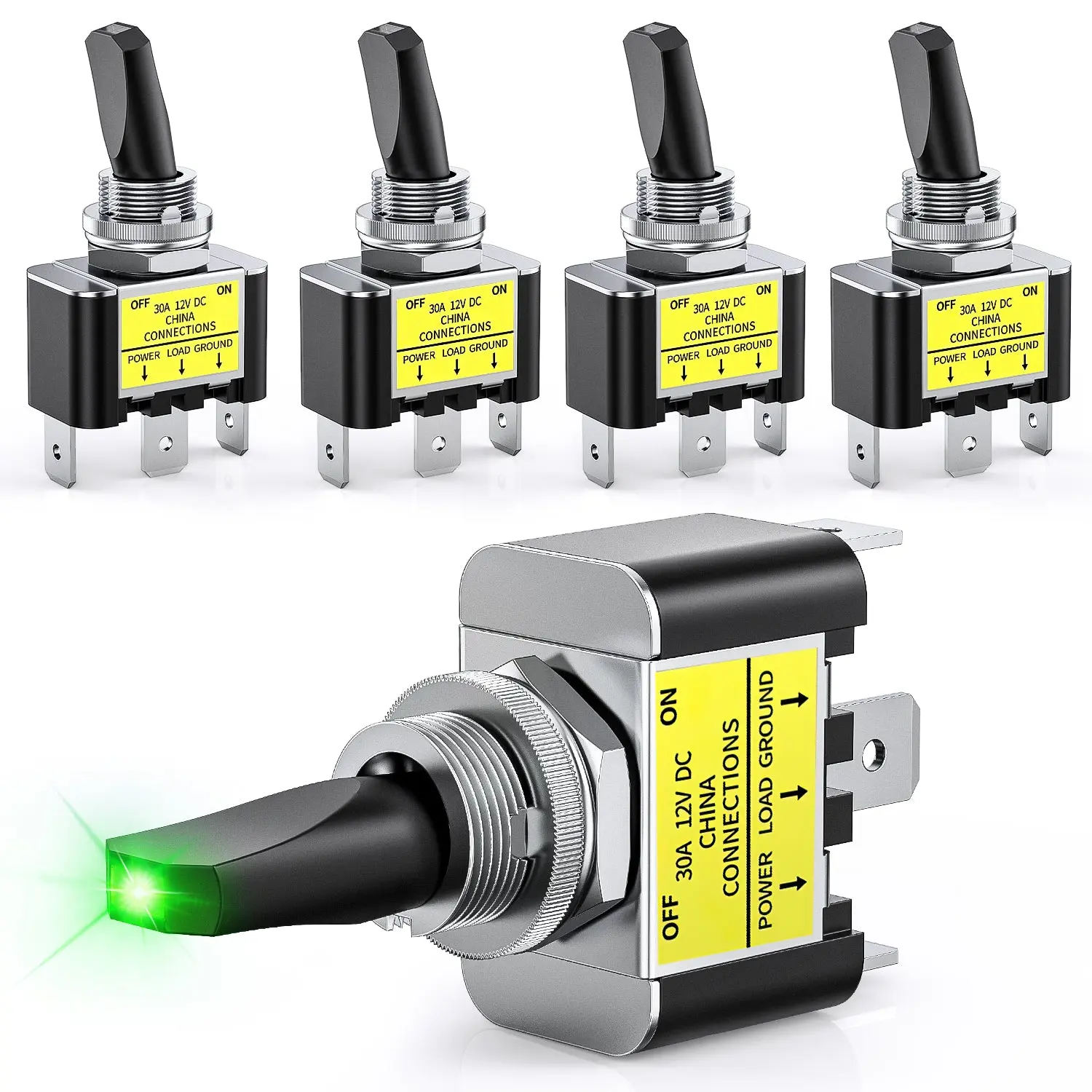 Nilight 5PCS Green LED Toggle Switches - 12V 30A SPST 3-Pin Heavy Duty Metal Rocker, 12mm Mounting Hole, Brass Copper Components, On/Off Control, LED Lights for Cars, Boats, Off-Road Use