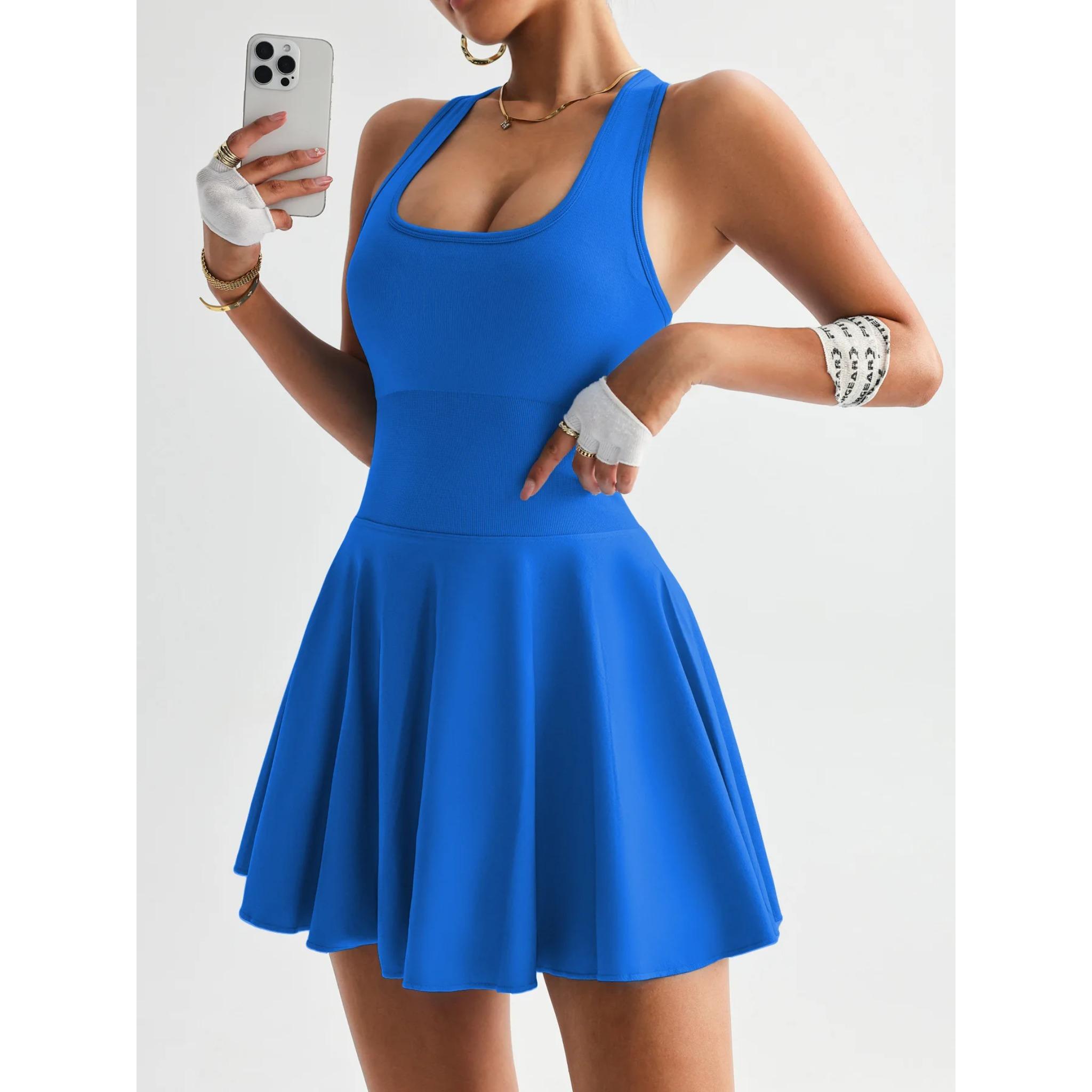 Women's tennis dress one-piece slim fit soft sportswear golf badminton suit with chest cushion sports yoga suit, Women's Seamless Racerback Tennis Dress with Built-in Shorts, Golf Activewear with Pockets