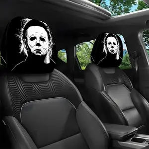 2 Horror Mask Car Headrest Covers, Dark Style, Elastic Fit, Durable Seat Protector for Cars, Trucks, Suvs, Fun Design, High-Quality Fabric