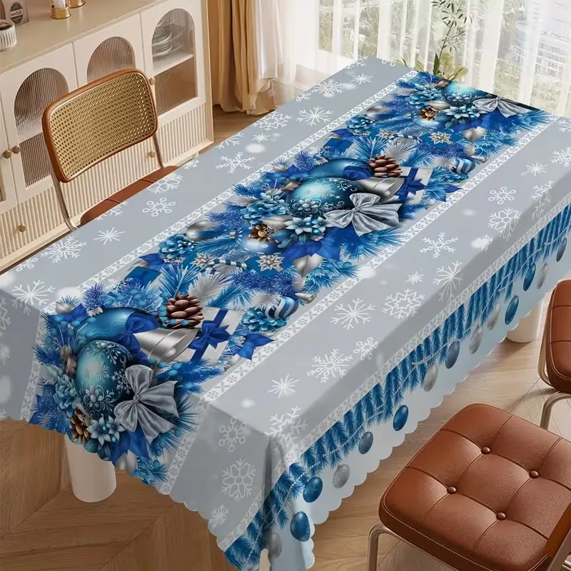 2D Flat Party Tablecloth, Blue Christmas Balloon Bell Bow Pattern, Winter Snowflake Atmosphere, Home Party Festival Decor, Perfect Gift