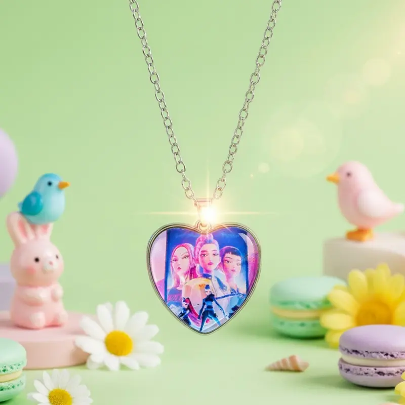 Cartoon Anime Heart Photo Pendant Necklace Silver Link Chain Cute Character Print Jewelry Accessories Sweet Heart Shaped Necklaces Gifts for Teen Girls Women Daily Wear Party Decor Fashion Jewelry Party